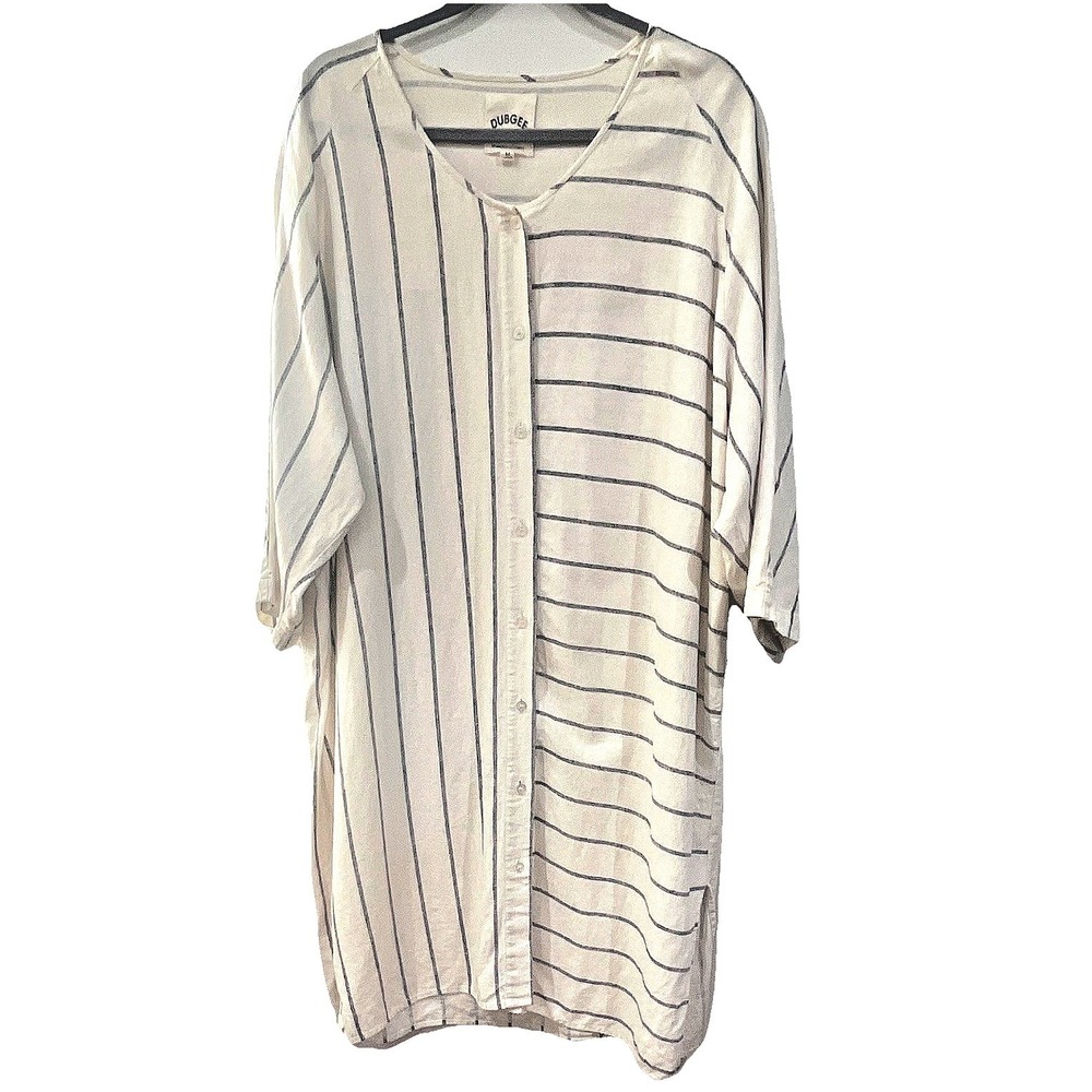 Dubgee by Whoopi Goldberg Women M Cream Navy Blue Striped Button Down Tunic Top